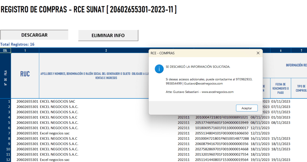 macro para descargar la propuesta del registro de compras SIRE SUNAT