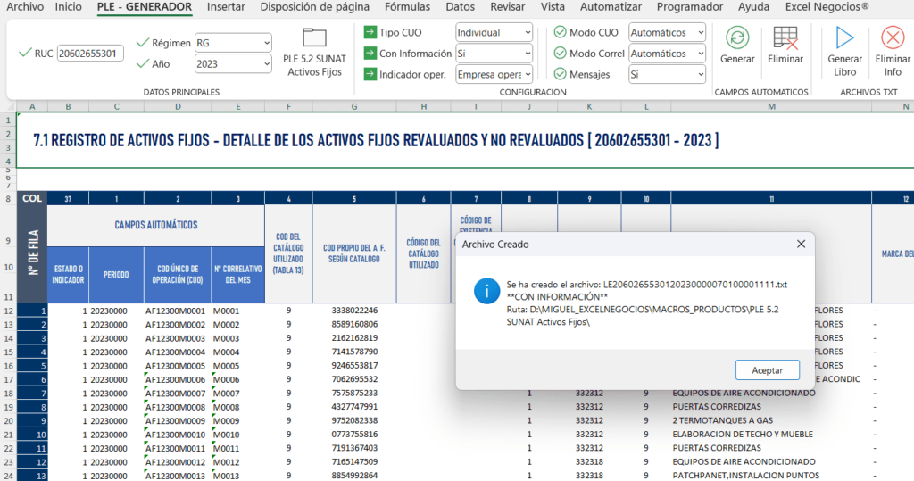Macros para presentar el Registro de Activos Fijos por PLE