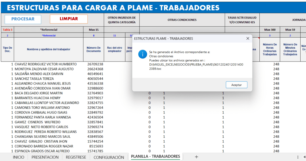 Estructura para cargar a PLAME mediante macros en excel