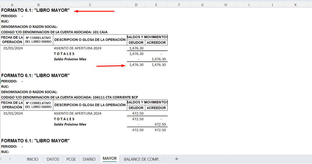 Libro mayor en excel