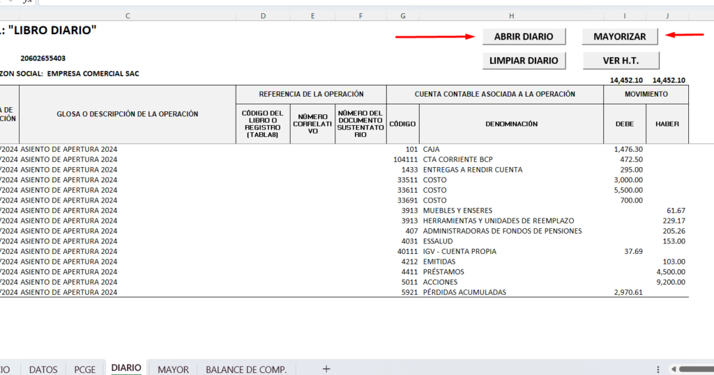 Registro en el libro diario