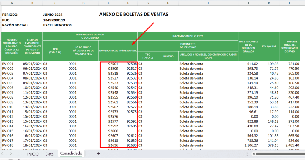 boletas ventas consolidadas en Excel
