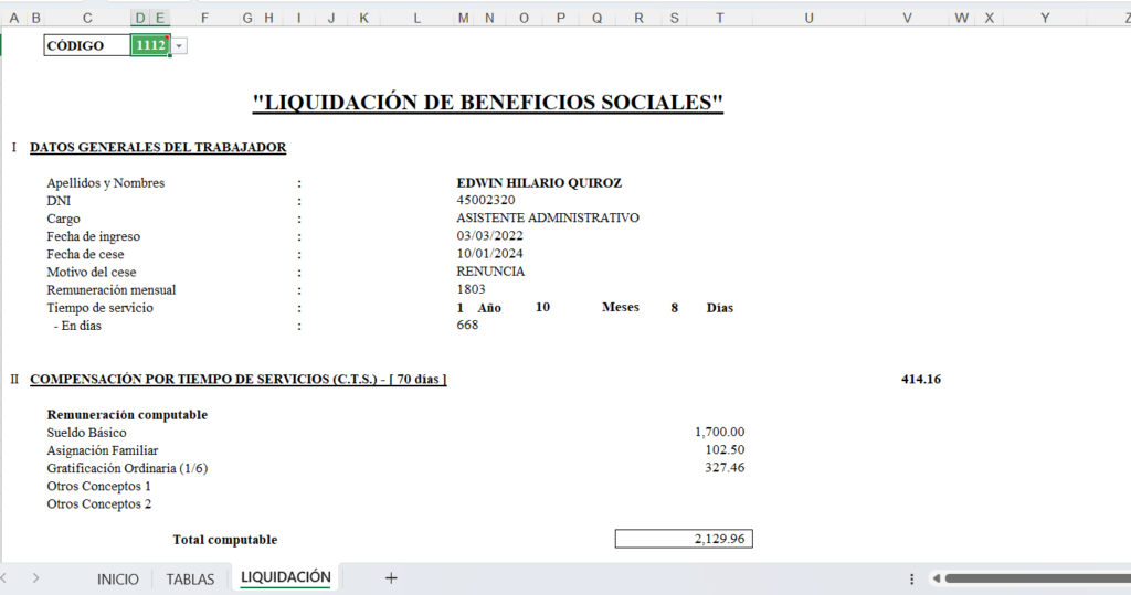 Formato para imprimir liquidacion de beneficios